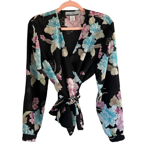 Vintage Tops - Vintage 90s Y2K Nine West Black Sheer Floral Ballerina WrapTop
